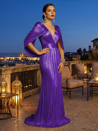 Metallic Satin Sheath/Column V-Neck Floor-Length Evening Dresses with Pleats