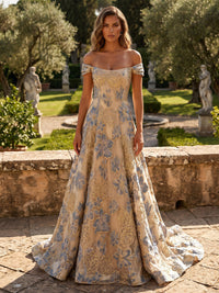 Jacquard A-Line/Princess Off Shoulder Floor-Length Evening Dresses for Women