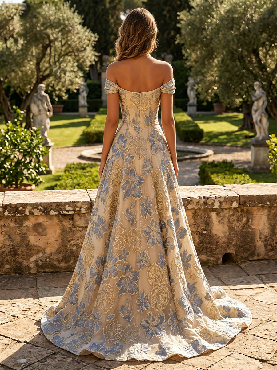 Jacquard A-Line/Princess Off Shoulder Floor-Length Evening Dresses for Women