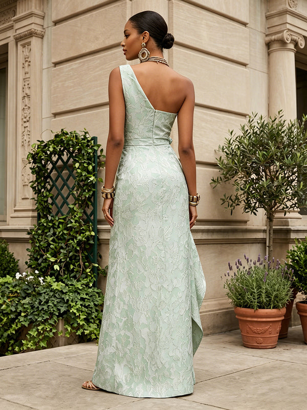Jacquard Sheath/Column One Shoulder Floor-Length Evening Dresses with Ruffles