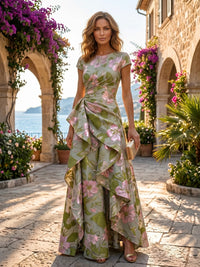 Jacquard A-Line/Princess Scoop Neck Floor-Length Evening Dresses with Ruffles & Ruched Waist