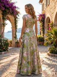 Jacquard A-Line/Princess Scoop Neck Floor-Length Evening Dresses with Ruffles & Ruched Waist