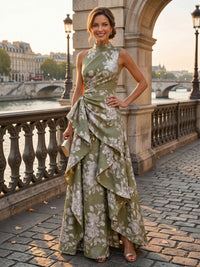 Jacquard A-Line/Princess High Neck Floor-Length Evening Dresses with Ruffles & Ruched Waist