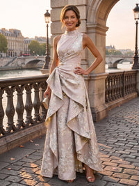 Jacquard A-Line/Princess High Neck Floor-Length Evening Dresses with Ruffles & Ruched Waist