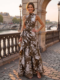 Jacquard A-Line/Princess High Neck Floor-Length Evening Dresses with Ruffles & Ruched Waist