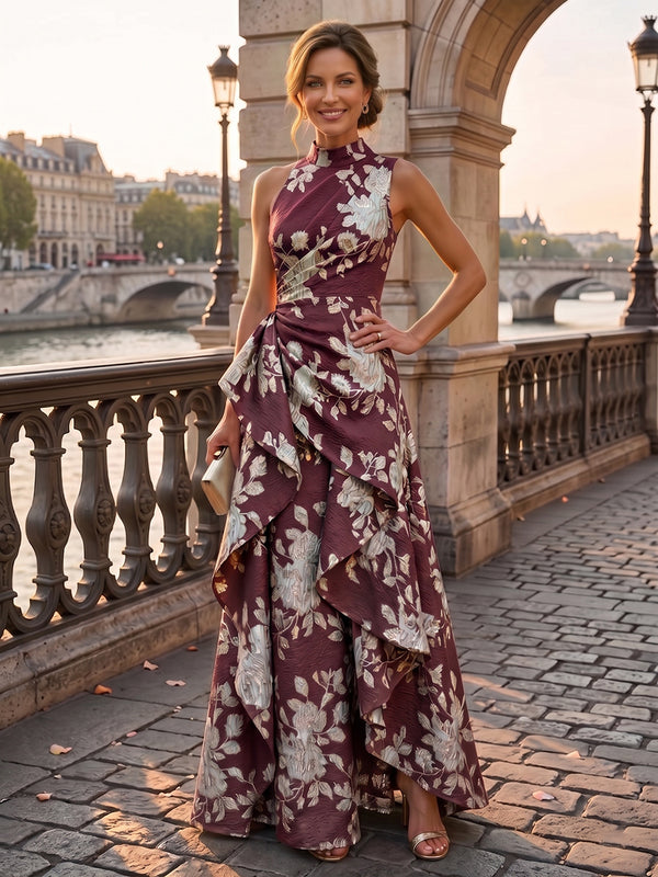 Jacquard A-Line/Princess High Neck Floor-Length Evening Dresses with Ruffles & Ruched Waist