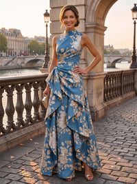 Jacquard A-Line/Princess High Neck Floor-Length Evening Dresses with Ruffles & Ruched Waist