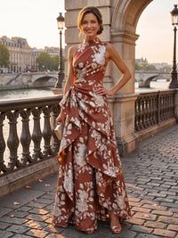 Jacquard A-Line/Princess High Neck Floor-Length Evening Dresses with Ruffles & Ruched Waist