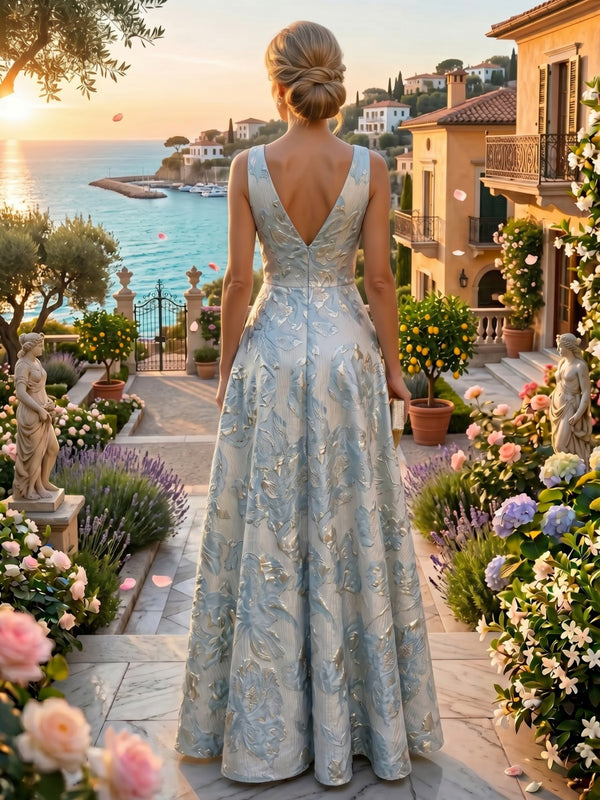 Jacquard A-Line/Princess Scoop Neck Floor-Length Evening Dresses with Ruched Waist, Ruffles & Backless