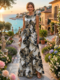 Jacquard A-Line/Princess Scoop Neck Floor-Length Evening Dresses with Ruched Waist, Ruffles & Backless
