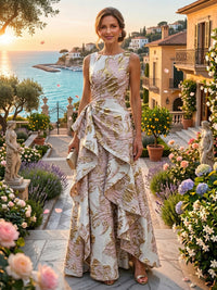 Jacquard A-Line/Princess Scoop Neck Floor-Length Evening Dresses with Ruched Waist, Ruffles & Backless