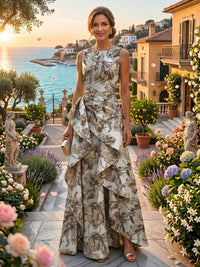 Jacquard A-Line/Princess Scoop Neck Floor-Length Evening Dresses with Ruched Waist, Ruffles & Backless