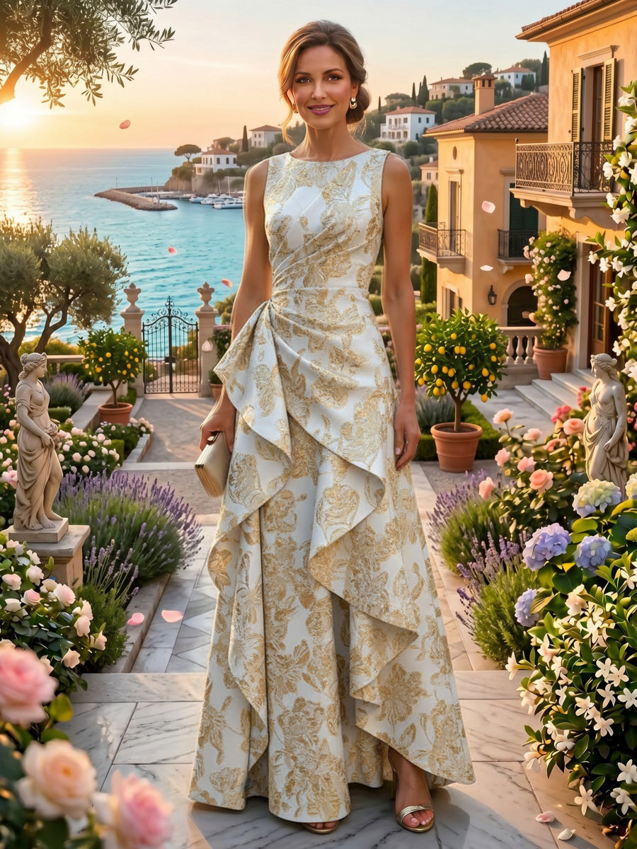 Jacquard A-Line/Princess Scoop Neck Floor-Length Evening Dresses with Ruched Waist, Ruffles & Backless
