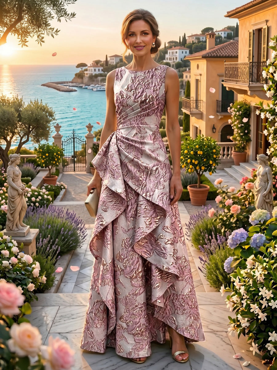 Jacquard A-Line/Princess Scoop Neck Floor-Length Evening Dresses with Ruched Waist, Ruffles & Backless