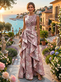 Jacquard A-Line/Princess Scoop Neck Floor-Length Evening Dresses with Ruched Waist, Ruffles & Backless
