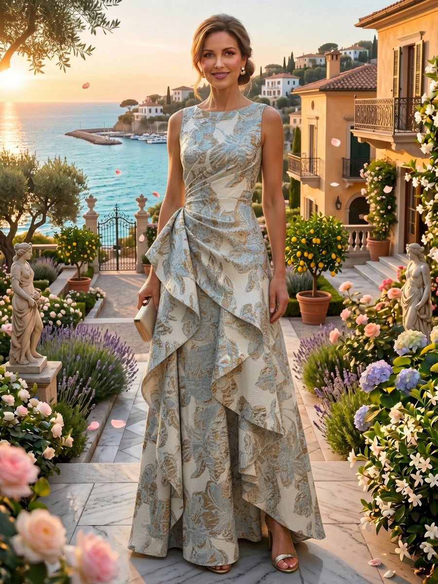Jacquard A-Line/Princess Scoop Neck Floor-Length Evening Dresses with Ruched Waist, Ruffles & Backless