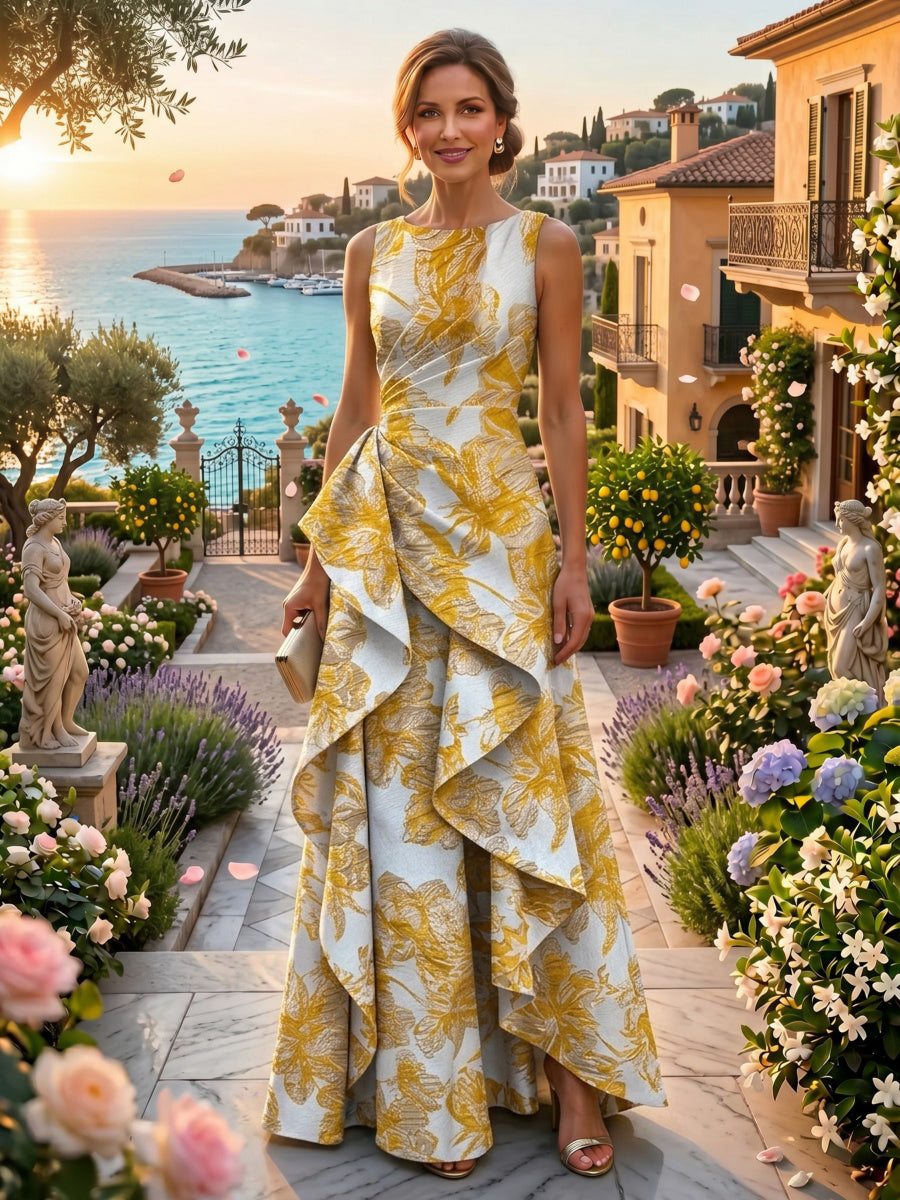 Jacquard A-Line/Princess Scoop Neck Floor-Length Evening Dresses with Ruched Waist, Ruffles & Backless