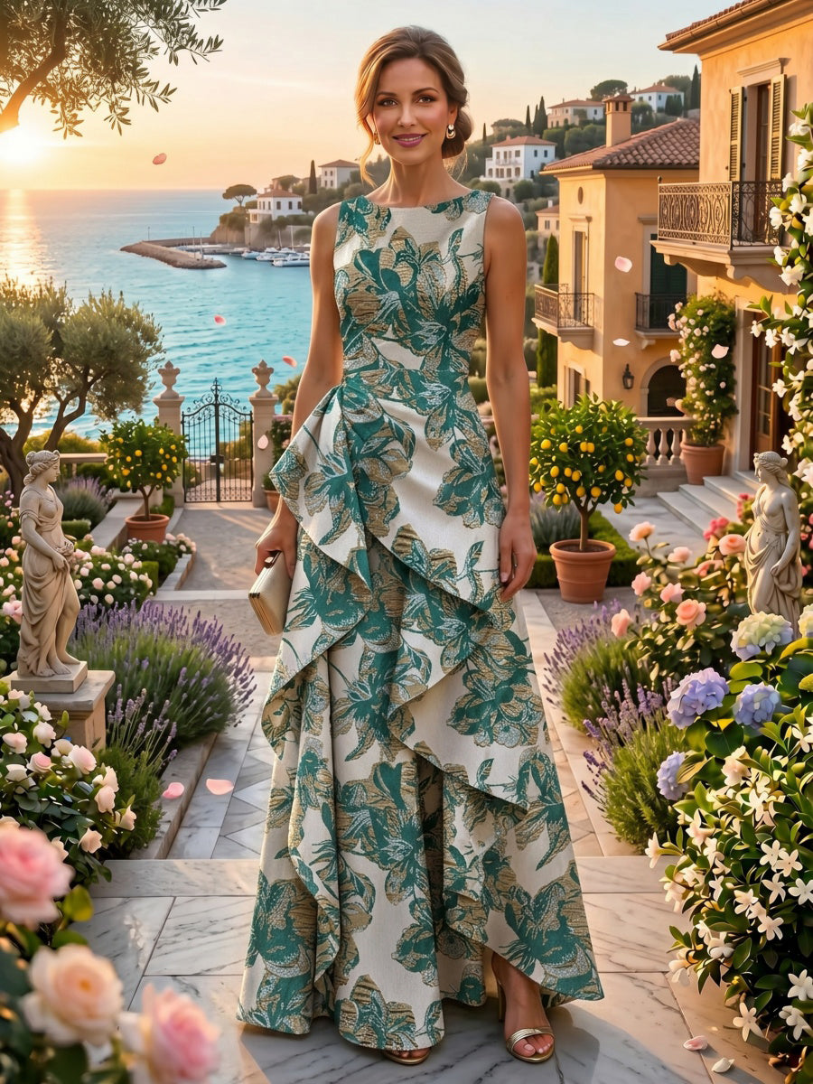Jacquard A-Line/Princess Scoop Neck Floor-Length Evening Dresses with Ruched Waist, Ruffles & Backless