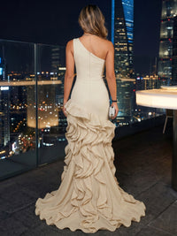 Satin One Shoulder Mermaid Floor-Length Evening Dresses with Tiered Ruffles
