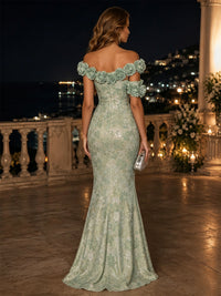 Jacquard Mermaid/Trumpet Off Shoulder Floor-Length Evening Dresses with 3D Flowers