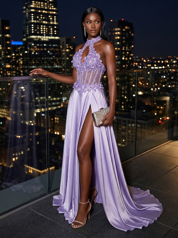 Satin A-Line/Princess Halter Floor-Length Evening Dresses with 3D Flowers Corset Bodice, Slit & Sweep Train