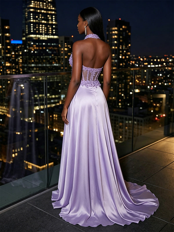 Satin A-Line/Princess Halter Floor-Length Evening Dresses with 3D Flowers Corset Bodice, Slit & Sweep Train