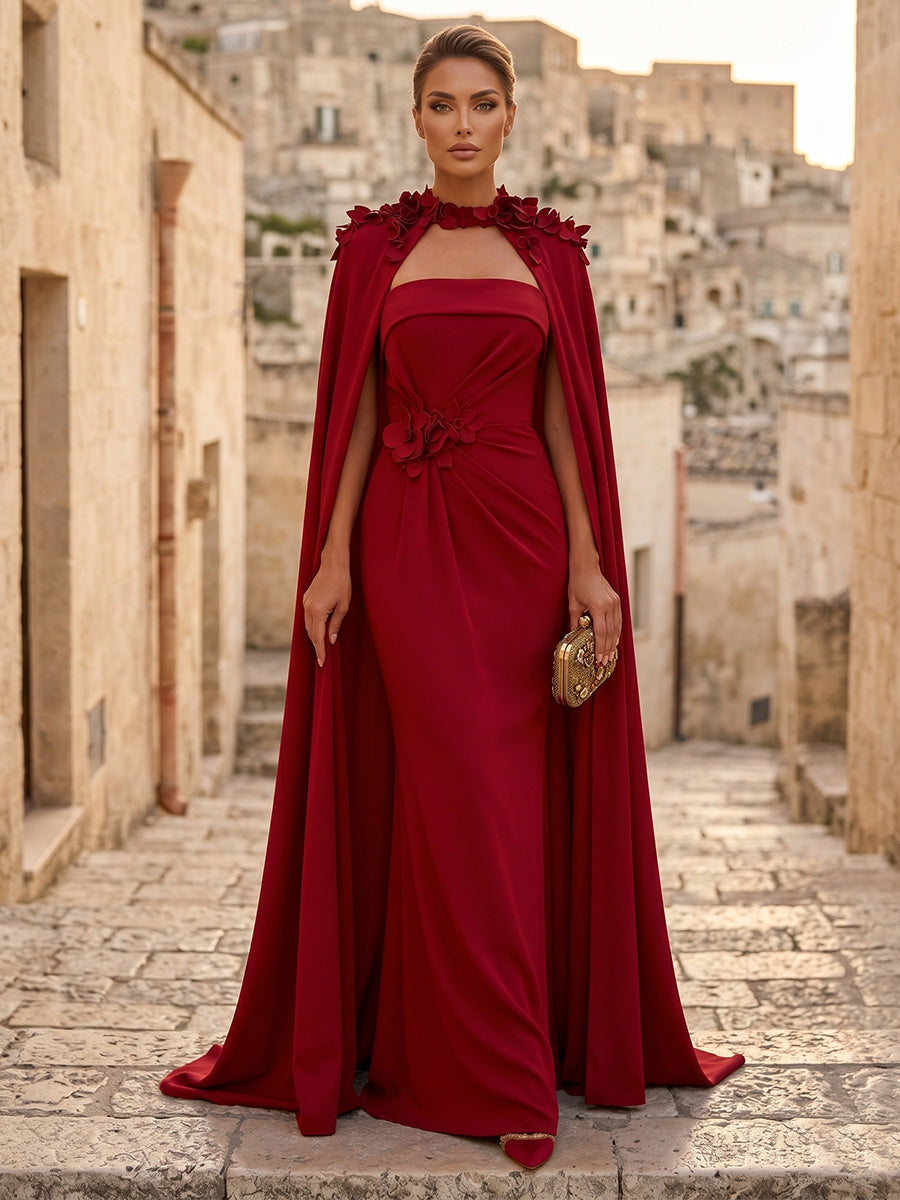 Stretch Mesh Sheath/Column Strapless Floor-Length Evening Dresses with 3D Flowers & Sweep Train