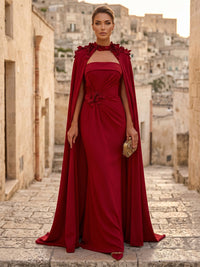 Stretch Mesh Sheath/Column Strapless Floor-Length Evening Dresses with 3D Flowers & Sweep Train
