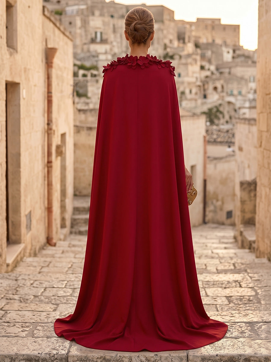 Stretch Mesh Sheath/Column Strapless Floor-Length Evening Dresses with 3D Flowers & Sweep Train