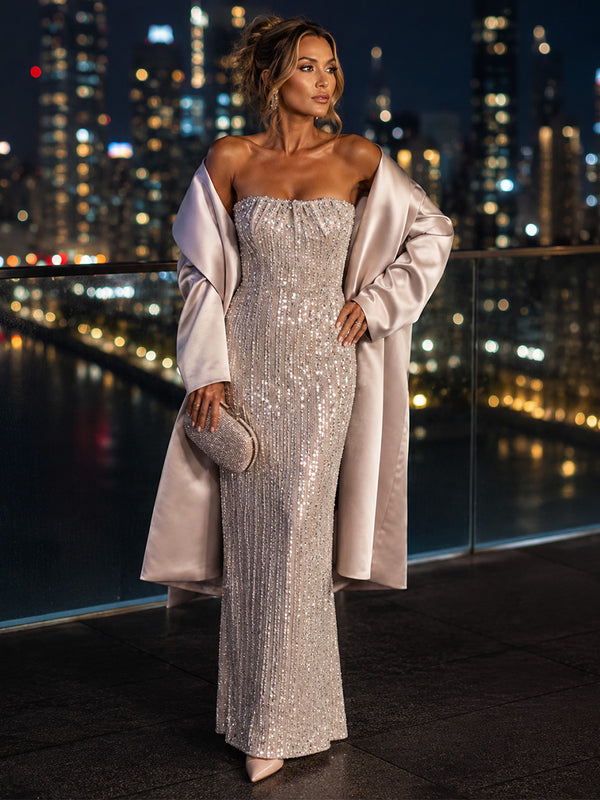 Sequin Sheath/Column Strapless Floor-Length Evening Dresses with Satin Bodice