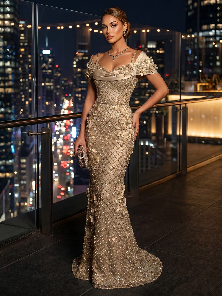 Sequin Mermaid/Trumpet Off Shoulder Floor-Length Evening Dresses with 3D Flowers