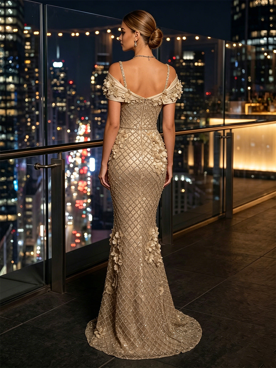 Sequin Mermaid/Trumpet Off Shoulder Floor-Length Evening Dresses with 3D Flowers