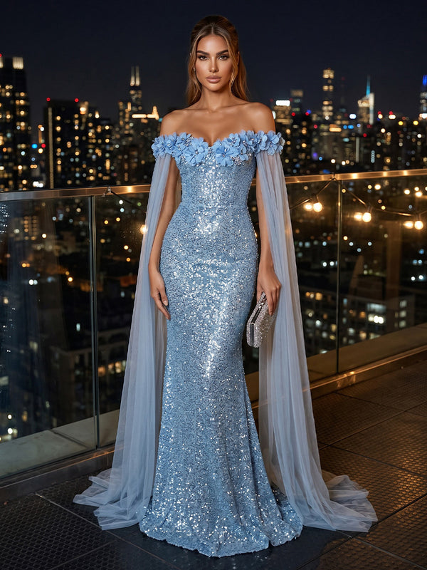 Sequin Mermaid/Trumpet Off Shoulder Floor-Length Evening Dresses with 3D Flowers