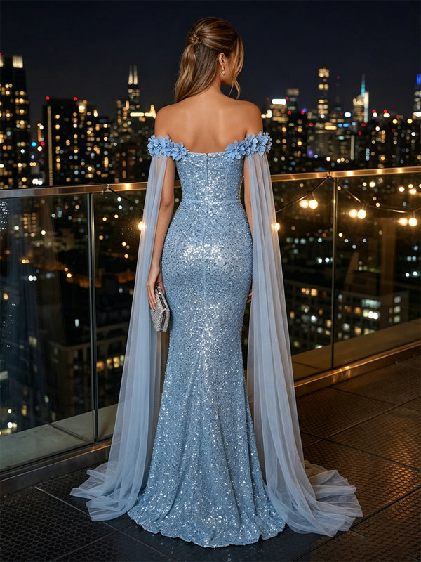 Sequin Mermaid/Trumpet Off Shoulder Floor-Length Evening Dresses with 3D Flowers