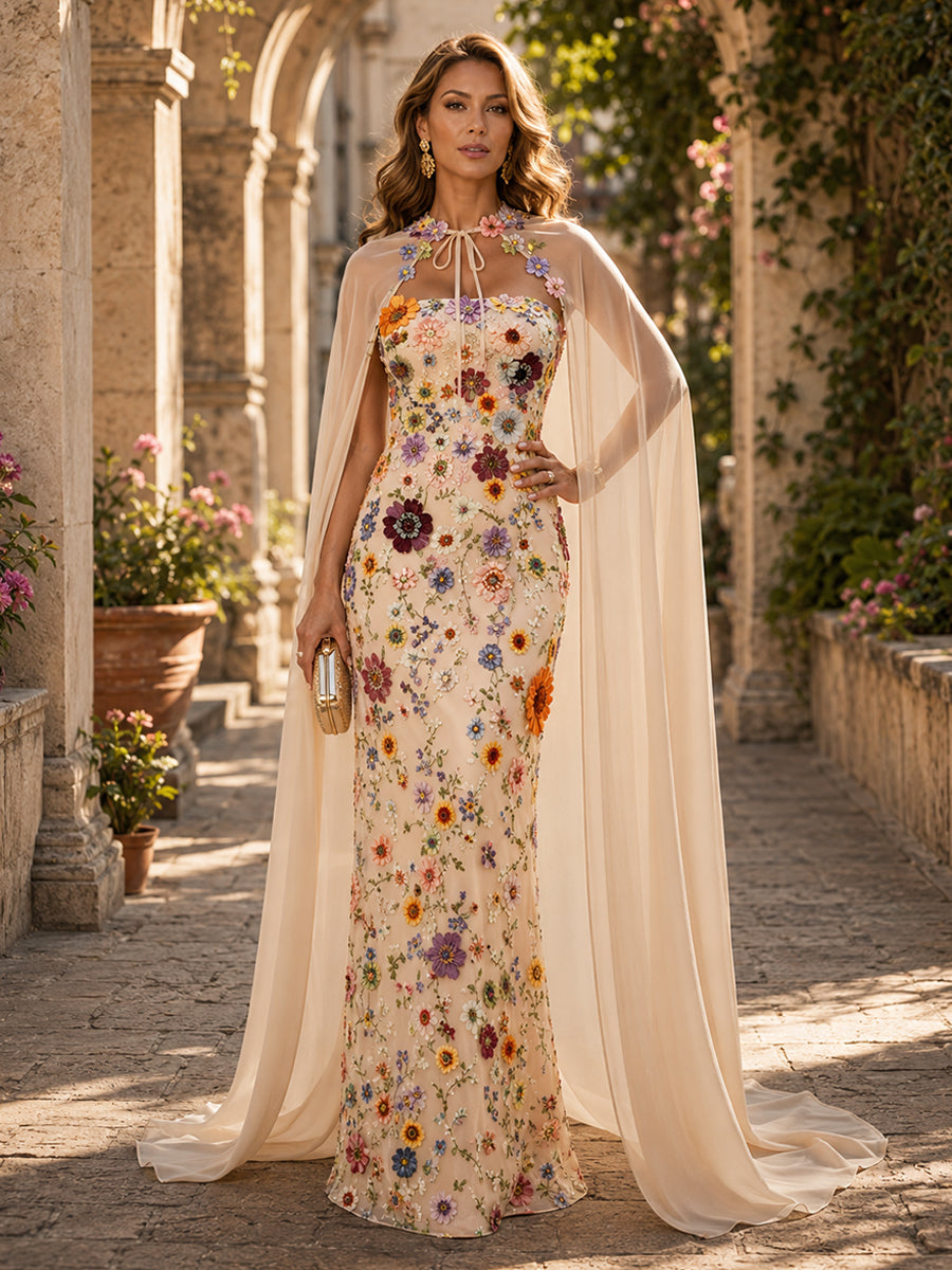 Lace Appliques Sheath/Column Strapless Floor-Length Evening Dresses with Chiffon Cape