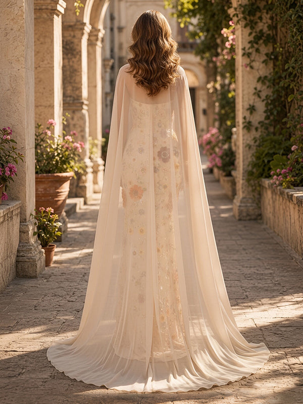 Lace Appliques Sheath/Column Strapless Floor-Length Evening Dresses with Chiffon Cape