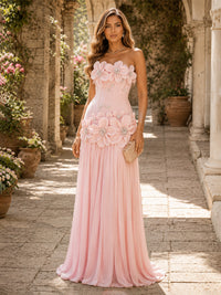 Chiffon A-Line/Princess Strapless Floor-Length Evening Dresses with 3D Flowers, Coeset Bodice & Pleats