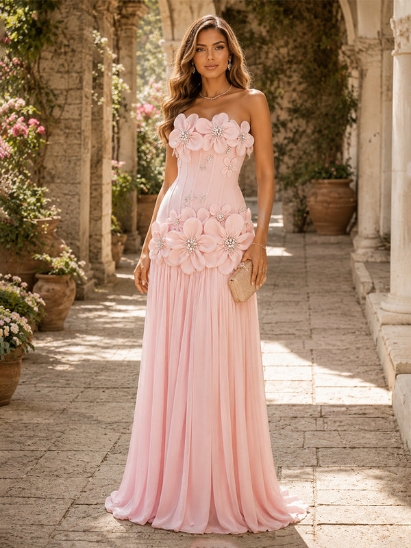 Chiffon A-Line/Princess Strapless Floor-Length Evening Dresses with 3D Flowers, Coeset Bodice & Pleats