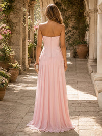 Chiffon A-Line/Princess Strapless Floor-Length Evening Dresses with 3D Flowers, Coeset Bodice & Pleats
