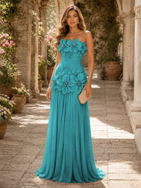 Chiffon A-Line/Princess Strapless Floor-Length Evening Dresses with 3D Flowers, Coeset Bodice & Pleats
