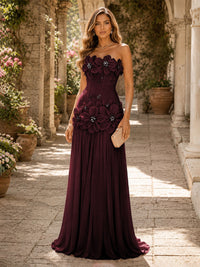 Chiffon A-Line/Princess Strapless Floor-Length Evening Dresses with 3D Flowers, Coeset Bodice & Pleats