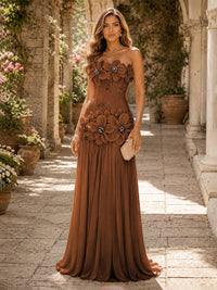 Chiffon A-Line/Princess Strapless Floor-Length Evening Dresses with 3D Flowers, Coeset Bodice & Pleats