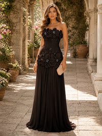 Chiffon A-Line/Princess Strapless Floor-Length Evening Dresses with 3D Flowers, Coeset Bodice & Pleats