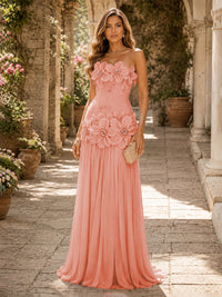 Chiffon A-Line/Princess Strapless Floor-Length Evening Dresses with 3D Flowers, Coeset Bodice & Pleats
