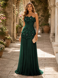 Chiffon A-Line/Princess Strapless Floor-Length Evening Dresses with 3D Flowers, Coeset Bodice & Pleats