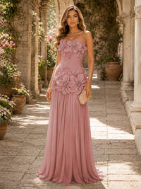 Chiffon A-Line/Princess Strapless Floor-Length Evening Dresses with 3D Flowers, Coeset Bodice & Pleats