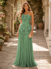 Chiffon A-Line/Princess Strapless Floor-Length Evening Dresses with 3D Flowers, Coeset Bodice & Pleats