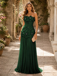 Chiffon A-Line/Princess Strapless Floor-Length Evening Dresses with 3D Flowers, Coeset Bodice & Pleats