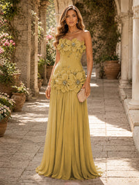 Chiffon A-Line/Princess Strapless Floor-Length Evening Dresses with 3D Flowers, Coeset Bodice & Pleats
