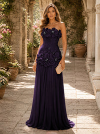 Chiffon A-Line/Princess Strapless Floor-Length Evening Dresses with 3D Flowers, Coeset Bodice & Pleats